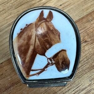 VTG Sterling Silver 925 Horse Hinged Trinket Pill Box Porcelain Horse Shoe Style